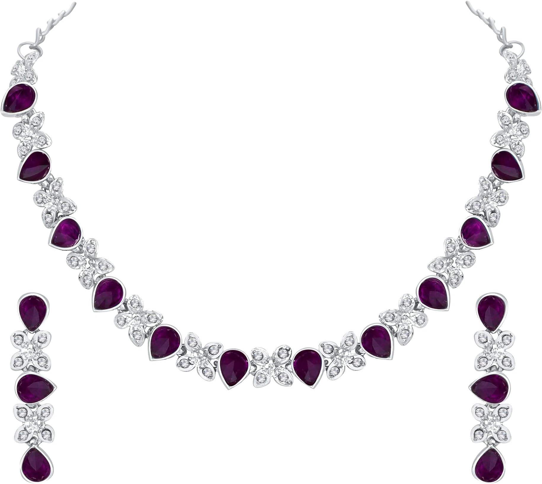Atasi International Princess Style Silver Plated Purple AD Crystals/Stones Necklace with Earrings Jewellery Set for Women/Girls - Wedding Jewelry/Party & Festival Accessories