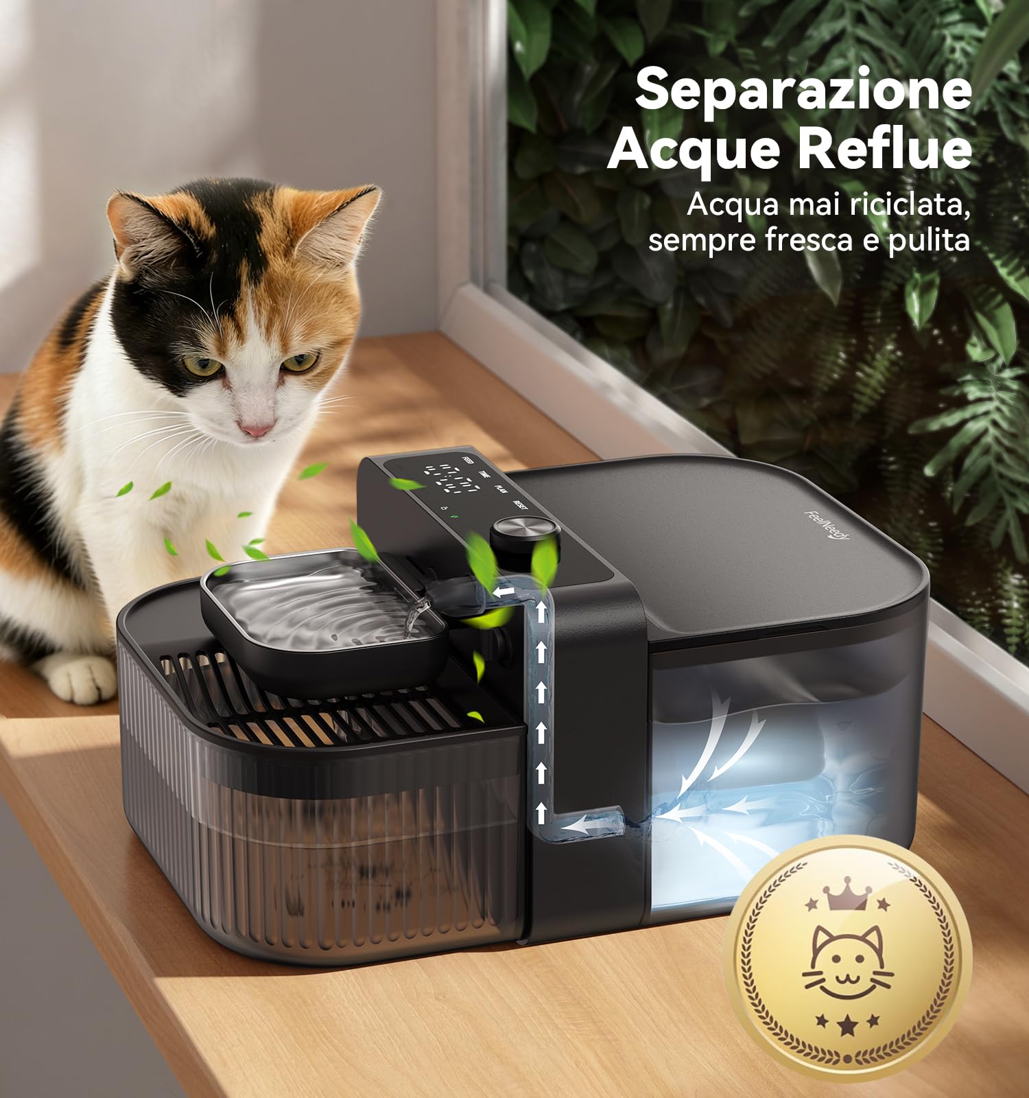 FEELNEEDY Fontanalla per Gatti senza Fili e senza Filtro con Pila 3000mAh | 3,5L Fontana per gatti senza Fili con Separazione Tra Acqua Pulita e Acqua Usata, Ciotola in Acciaio Inossidabile