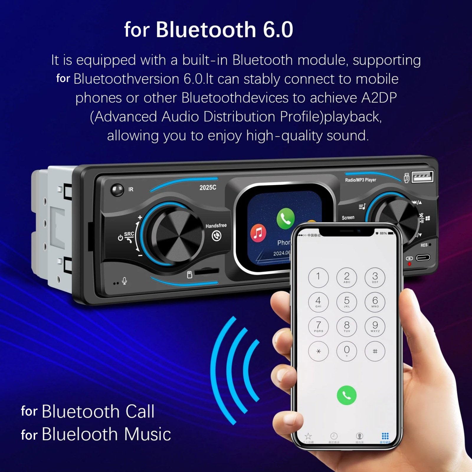 Radio samochodowe Bluetooth pojedyncze DIN radio samochodowe w desce rozdzielczej, port USB/TF/AUX