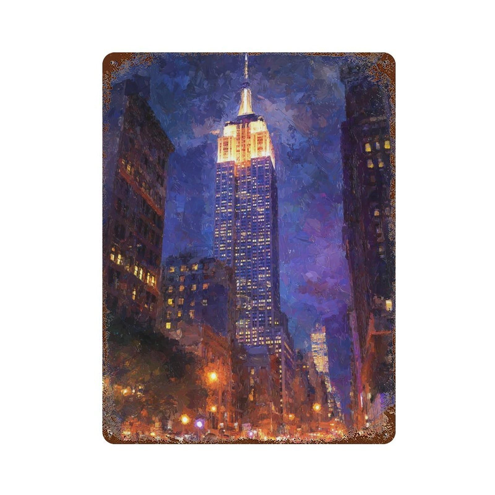 Empire State Building Night View Rusty Metal Tin Sign 15.7"x11.8", for Basement, Hobby Room And Garage Decor, Retro Wall Decor