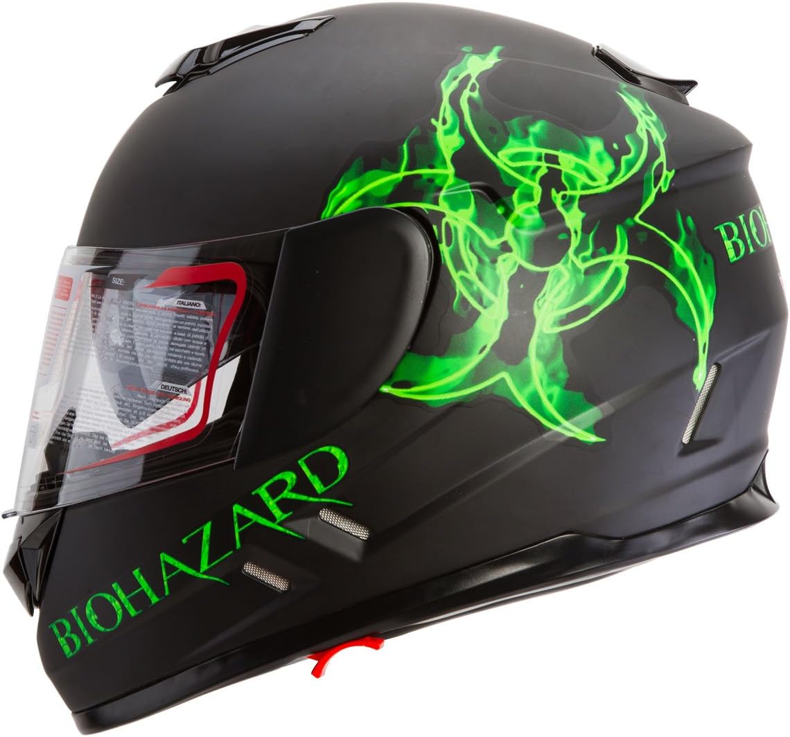 Bio-hazard Matte Black Dual Visor Full Face Motorcycle Helmet DOT (L)