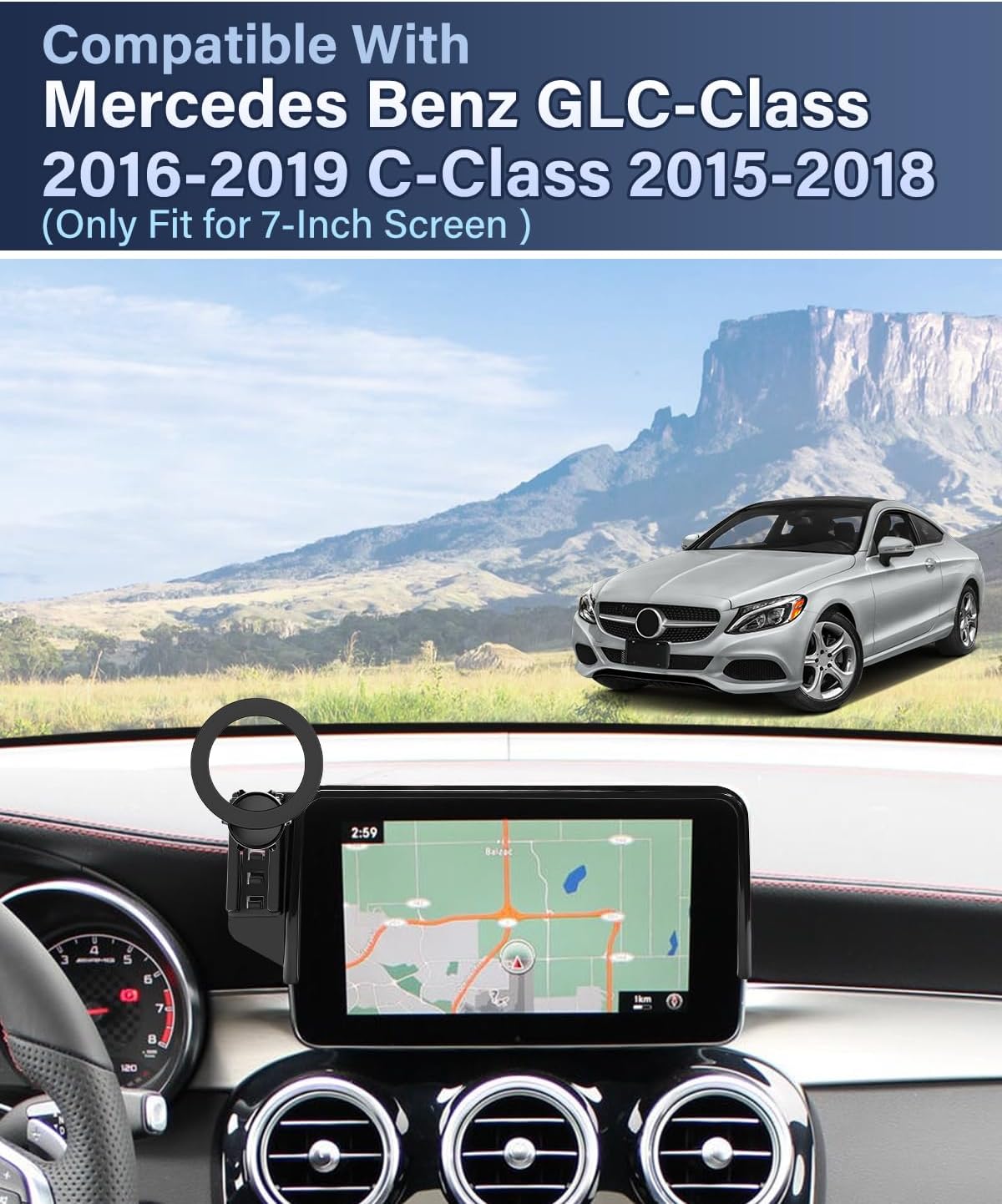 PZK Car Phone Holder for 2016-2019 Mercedes Benz GLC/ 2015-2018 Mercedes Benz C-Class Accessories 7-Inch Screen Fixed Clip Car Phone Mount Compatible with Magsafe Automobile Cradles 360° Rotation