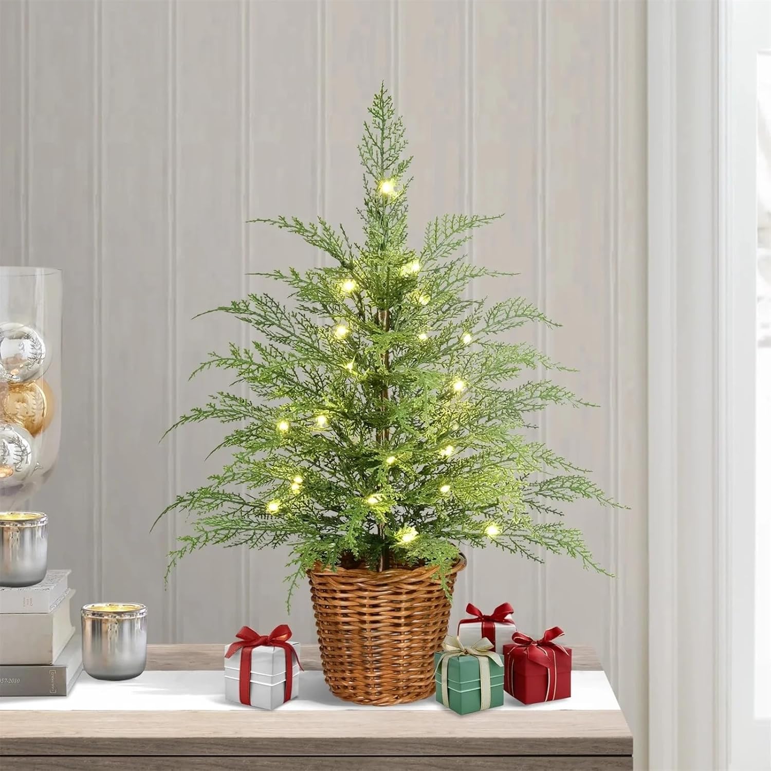 Artificial Cedar Trees for Outdoors with Lights,Pre-Lit Green Cypress Christmas Tree,Realistic PE Branch Pine Tree Pot,Xmas Home Front Porch Decor,Office Entryway Indoor Use (2FT, 1 Pack)