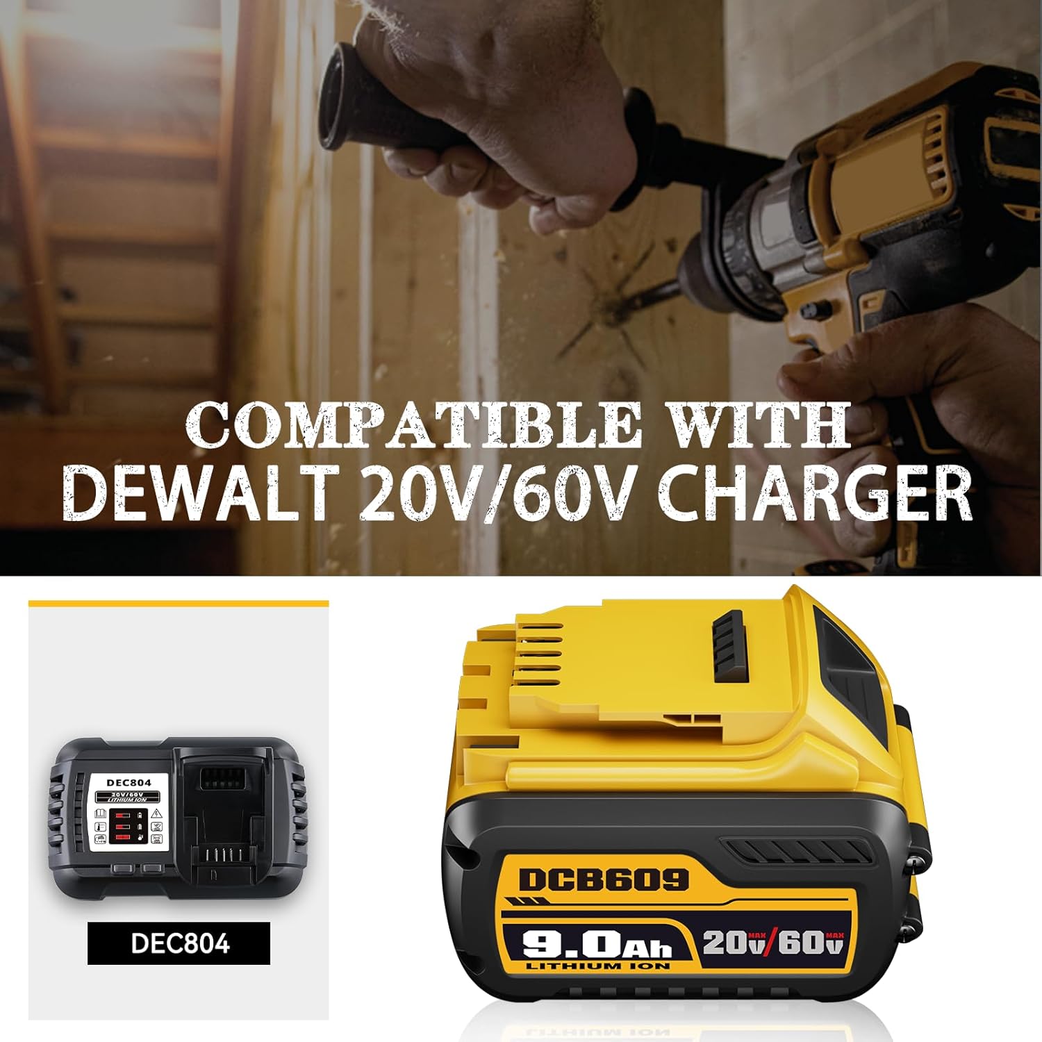 4Pack DCB606 9.0Ah Replacement for Dewalt 20V/60V Battery, Compatible with Dewalt 20V/60V Lithium Battery DCB609 DCB606 DCB612 DCB200 DCB204 DCB206 DCB207 Cordless Power Tools
