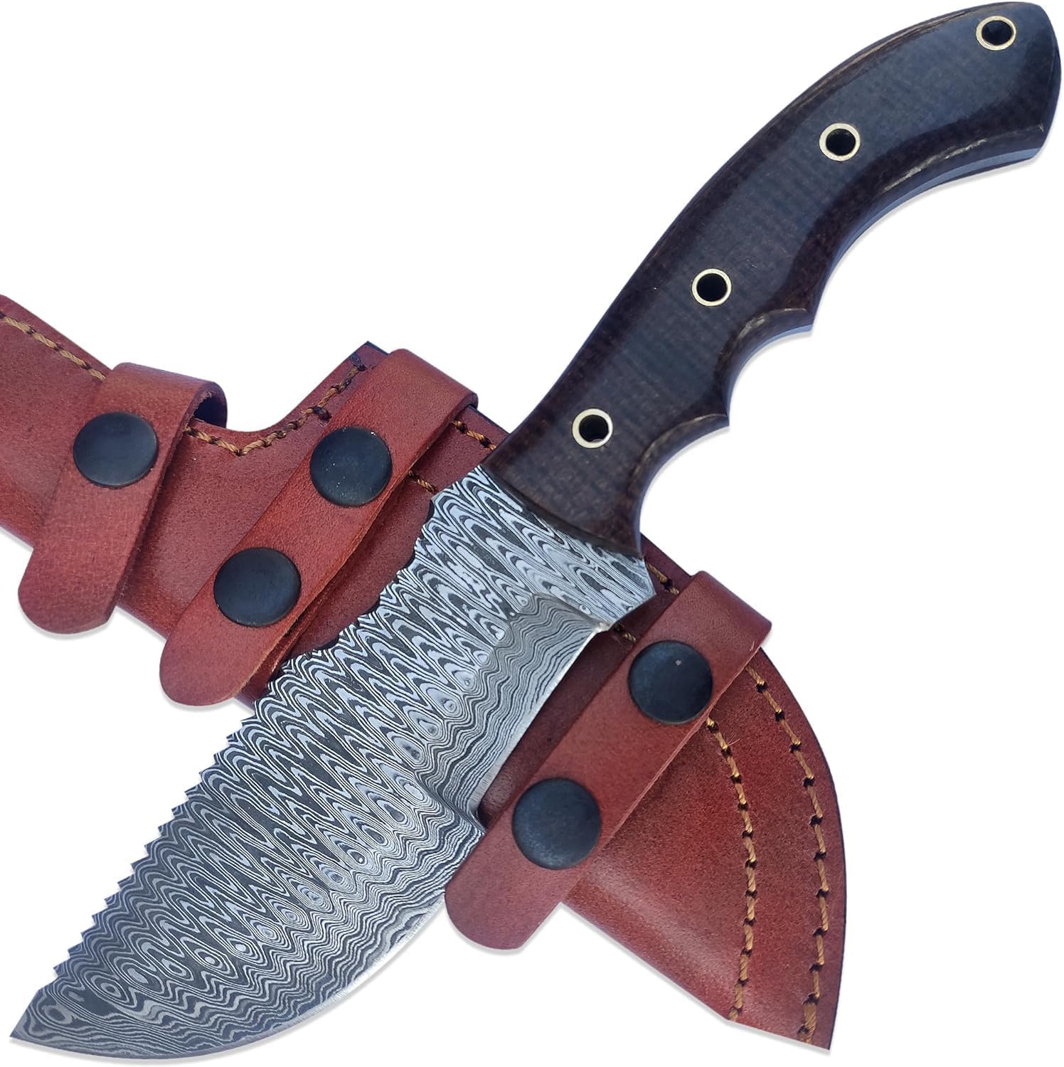 Handmade Damascus Hunting Knife with Sheath - Fixed Blade Knife for Men - ROSE Wood HandleWith Leather Sheath - Bushcraft Knives, Camping Knife Survival (Timberwolf)