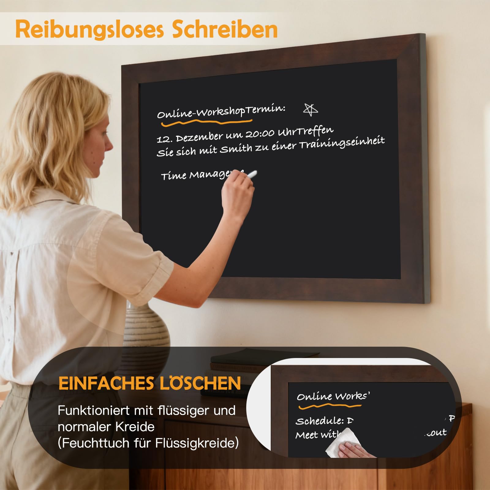 DOLLAR BOSS Magnetische Kreidetafel 60x45cm, Magnettafel Schwarz Blackboard | Rahmen aus massivem Kiefernholz, Wandtafel Kreidetafel zum aufhängen Magnetwand für Küche Bar Café und Büro, Braun