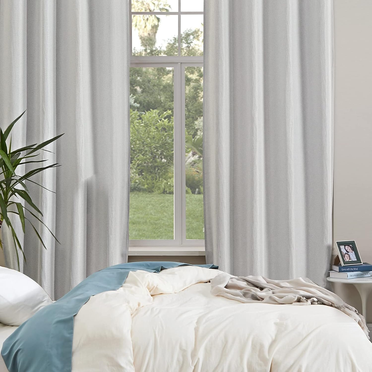 Bedsure Linen Curtains 63 inch Length 2 Panels Set, Blackout Greyish White Curtains for Living Room，Linen Textured Drapes (52x63inch,Greyish White)
