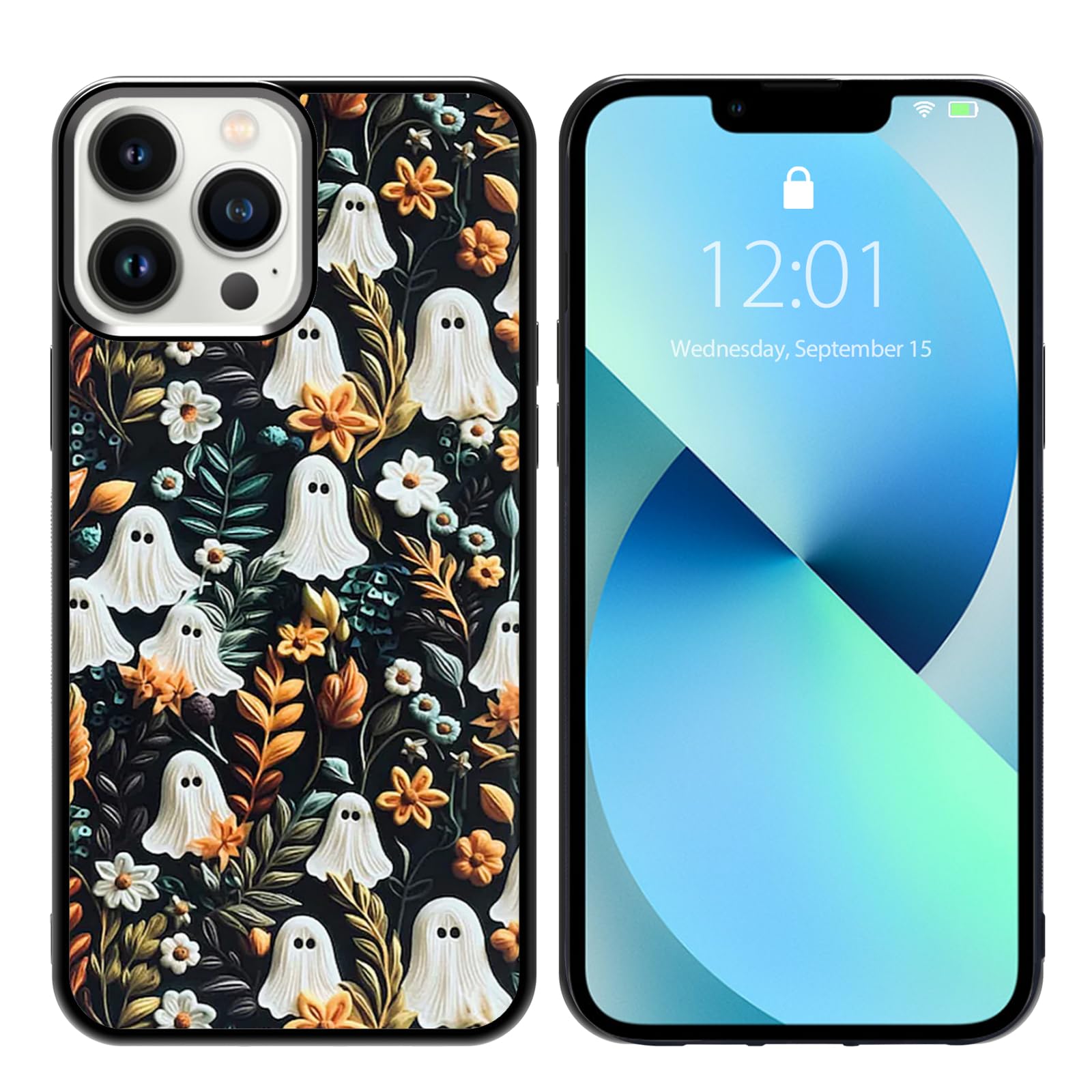Onemiliayears Cute Small Spooky Halloween Ghost Phone Case, Flower Ghost Compatible with iPhone 13 Pro Max Case, Soft Silica Gel Frame Support Phone