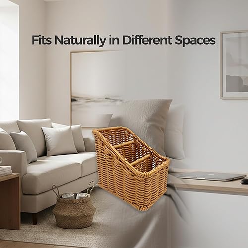 Miniatura 6 de Soporte de mimbre tejido a mano, caja de almacenamiento de mimbre rústico para TV, organizador de escritorio de granja, suministros de oficina,