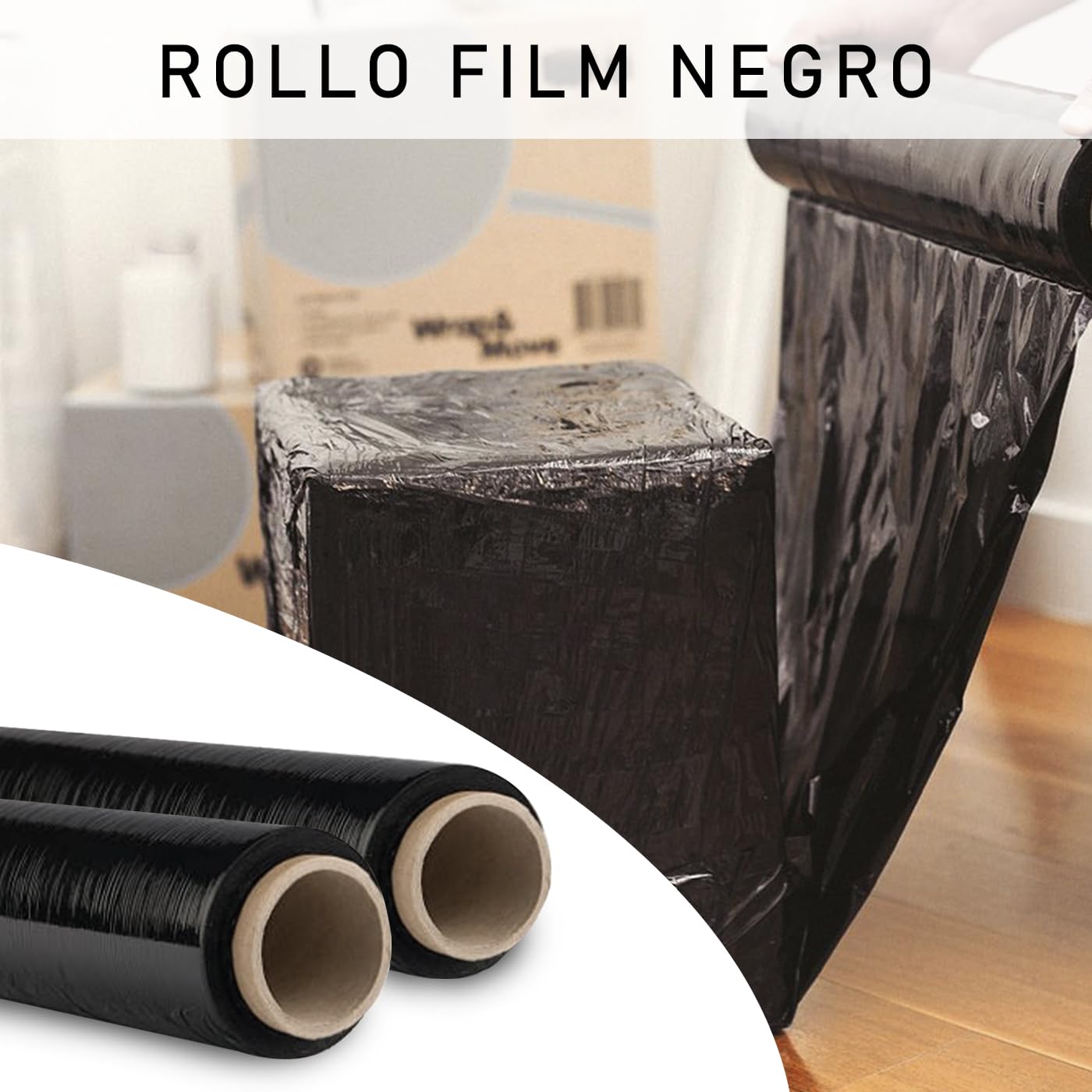 MERCURY TEXTIL- Film Transparente o Negro para Embalar, Flexible y Resistente 50cm x 200metros, 23 micras de Espesor. Embalaje Industrial, Envíos, Mudanzas, Palets. (Negro, 2 Rollos)