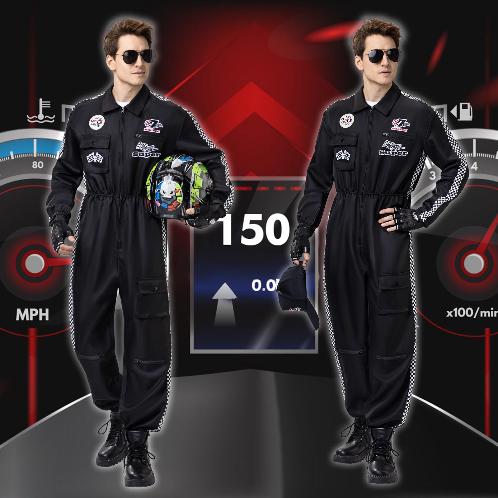 BuzzoXerex Rennfahrer Kostüm Herren, Rennfahrer Anzug Herren mit Hüte, Sonnenbrille, Handschuhe Sonnenbrille Rennfahrer Kostüm Overall Jumpsuit für Karneval, Party, Cosplay (Schwarz, 2XL)