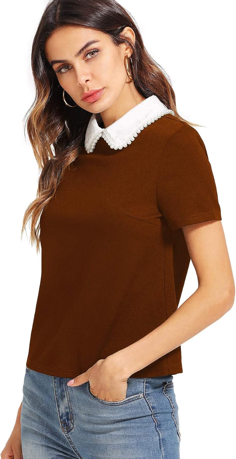 Romwe Women's Cute Contrast Collar Short Sleeve Casual Work Blouse Tops at  Women’s Clothing store