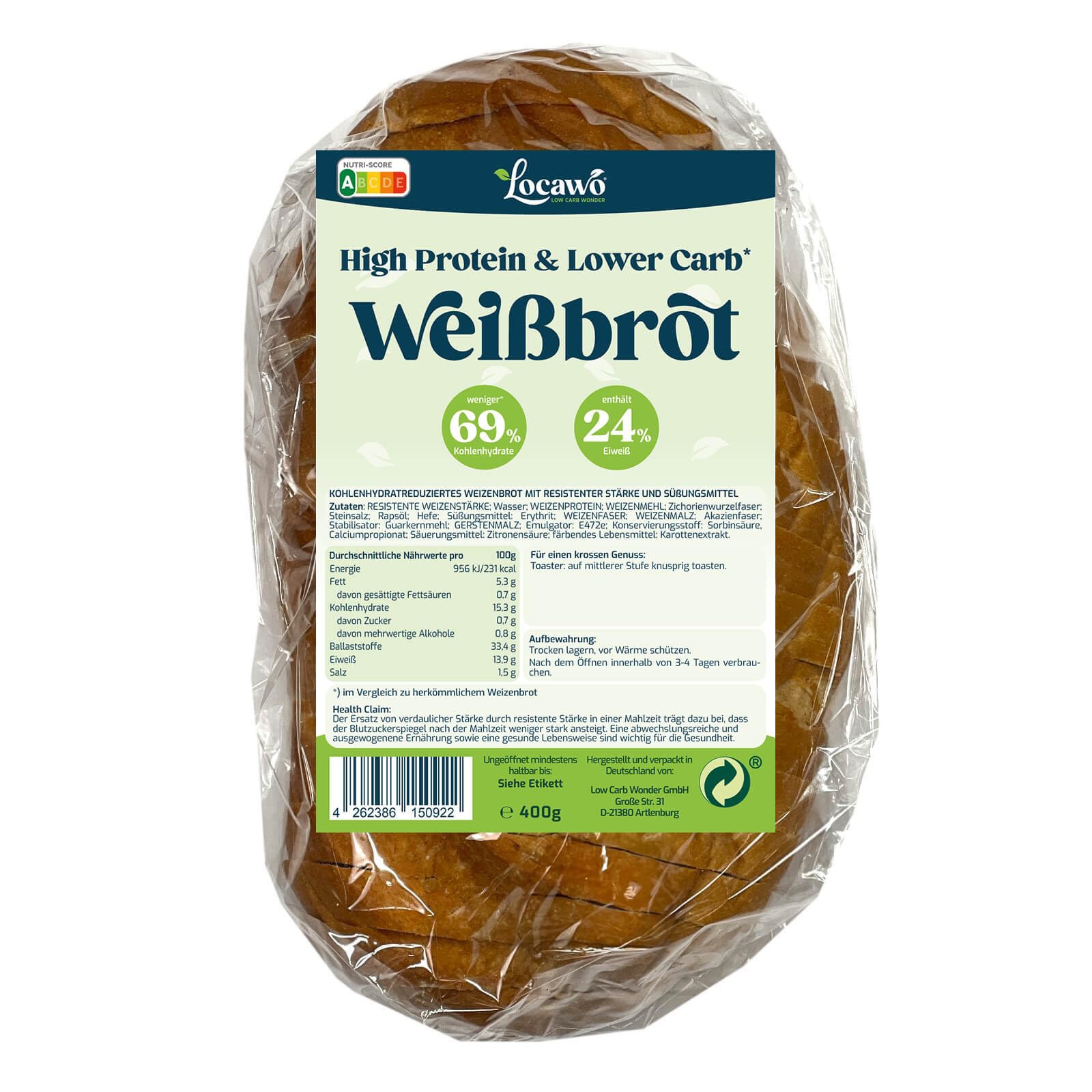 Locawo High Protein & Low Carb Weißbrot | Eiweißbrot | Voller Weizengeschmack | Vegan