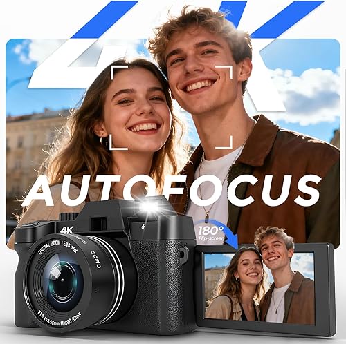 Miniatura 2 de Cámara digital 4K para fotografía con WiFi, cámara de videoblogs con autofoco para YouTube con pantalla giratoria, viene con 2 baterías, lente gran