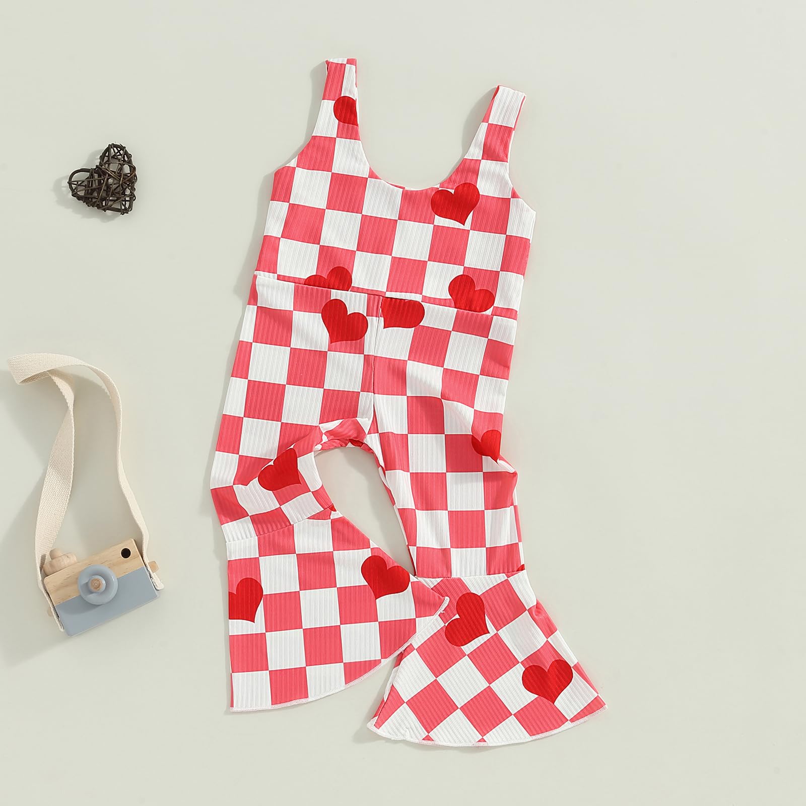 ZAXARRA Toddler Baby Girl Stripes Bell-Bottom Jumpsuit Romper Overalls Long Pants Outfits (4-5 Years, Plaid Love)