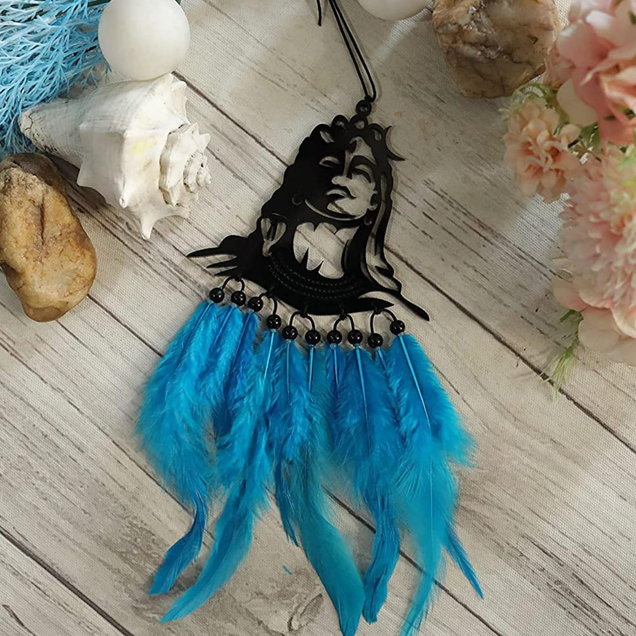 Lord Shiva Car Rear View Mirror Hanging with Blue Feathers | Black Acrylic Cutout, Black Bead Accents, Rearview Mirror Charm, Religious Car Decor, String Hanging-image-17