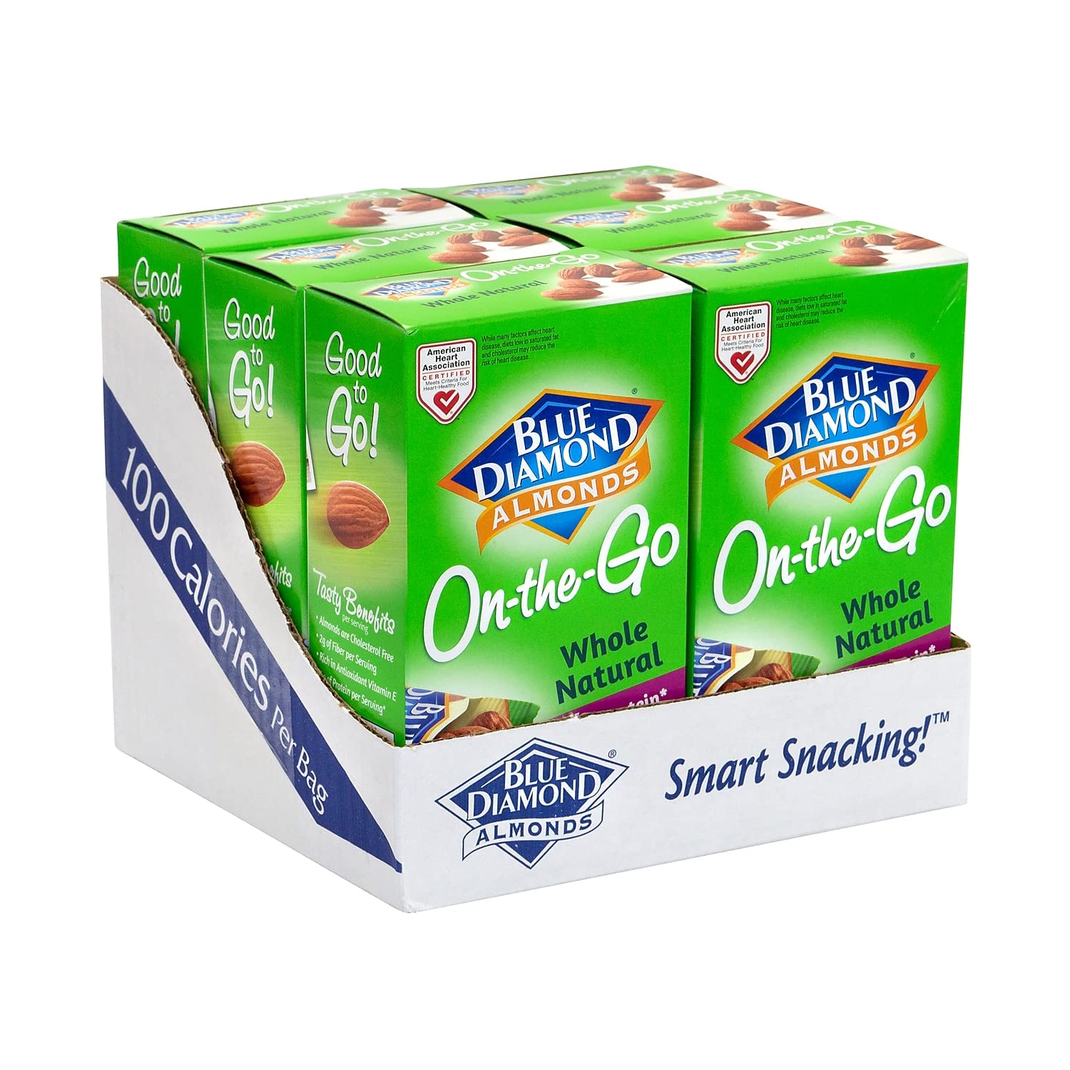 Blue Diamond Almonds, Whole Natural Raw Almonds, 100 Calorie On-The-Go Bags, 7 Count Box. (Pack of 6)