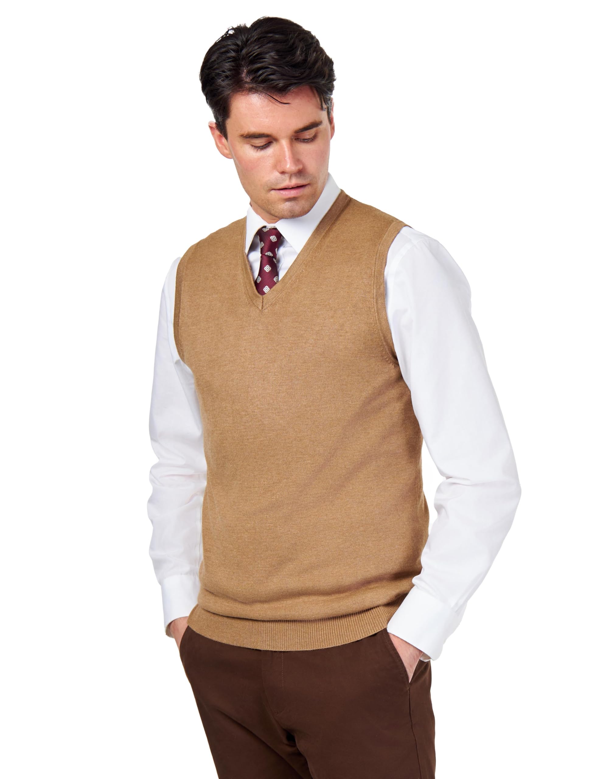 Men’s Knitted 100% Cotton Camel Sleeveless Jumper V-Neck Vest [JUMPER-VEST-543-CAMEL-2XL]