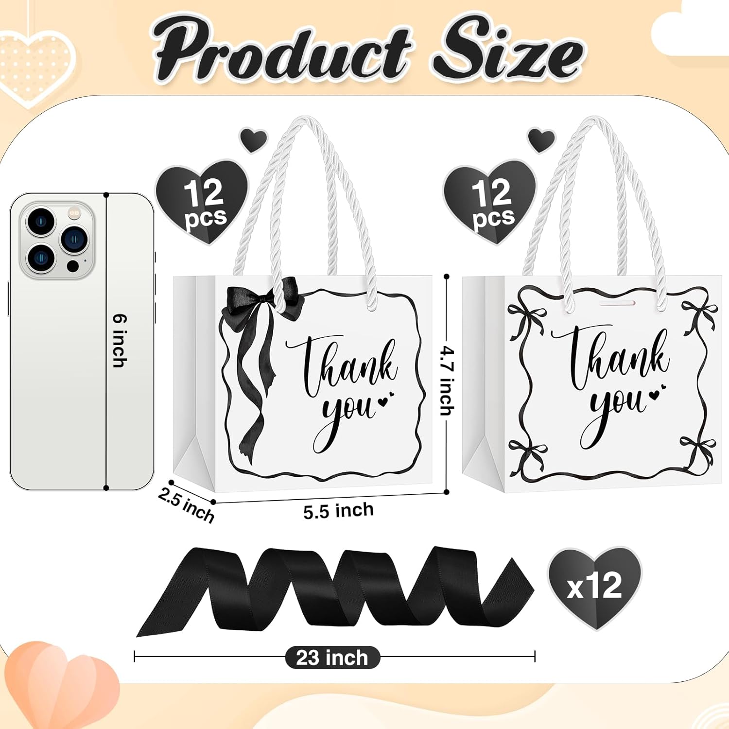Kolldenn 24 Pcs Valentines Day Gift Bags with Handles, Small Thank You Paper Bags with Bow Ribbon, 5 x 2.5 x 4.7 in Paper Party Totes for Wedding, Baby Shower, Bridal Shower(White,Black) - Image 3