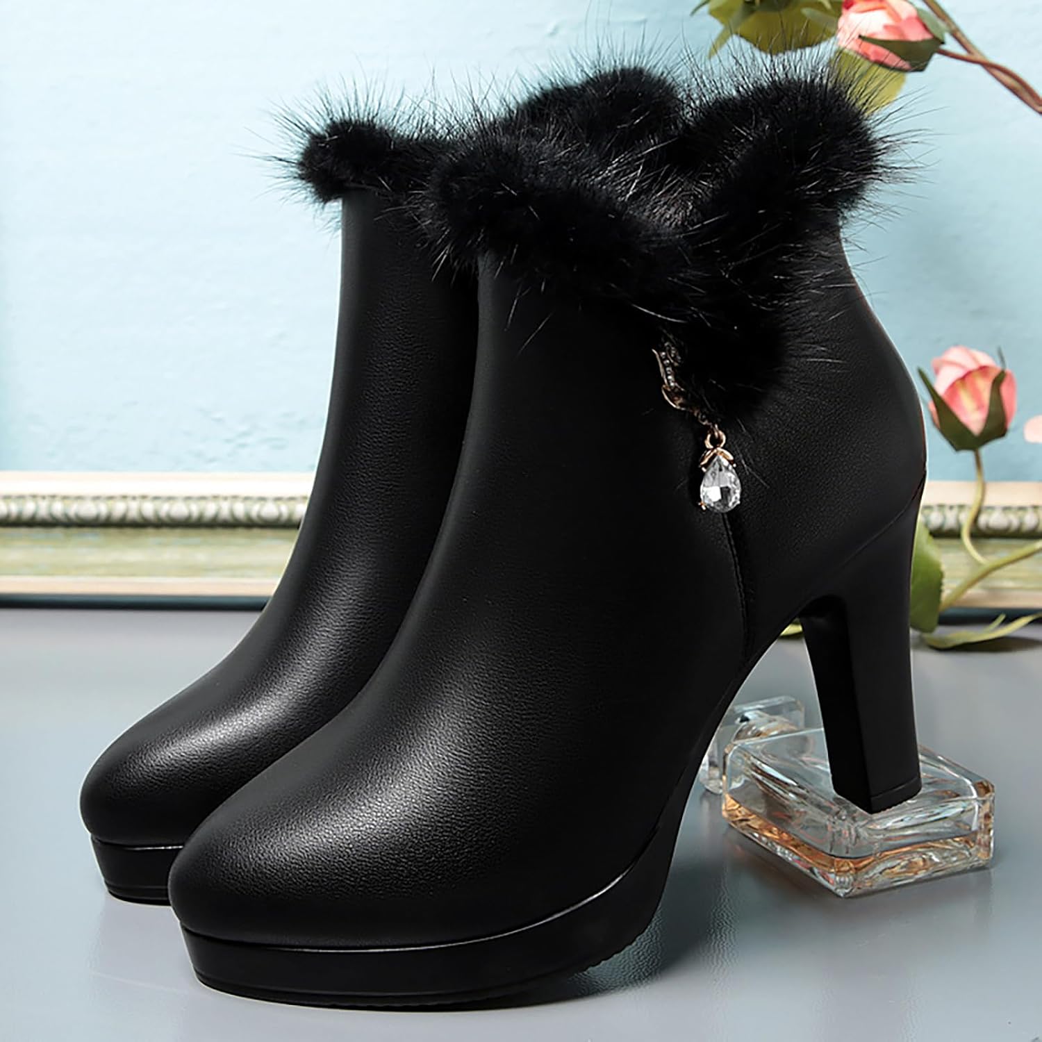 Women'S Leather Chunky High Heels Ankle Booties Sparkling Rhinestones Warm Fully Fur Lined Side Zipper High Heels Snow Boot - Image 2