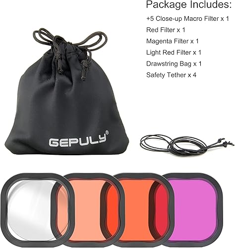 Miniatura 9 de Paquete de 4 filtros de buceo subacuáticos para GoPro Hero 8 9 10 11 12, carcasa impermeable oficial negra en rojo, rojo claro, magenta y 5 filtros