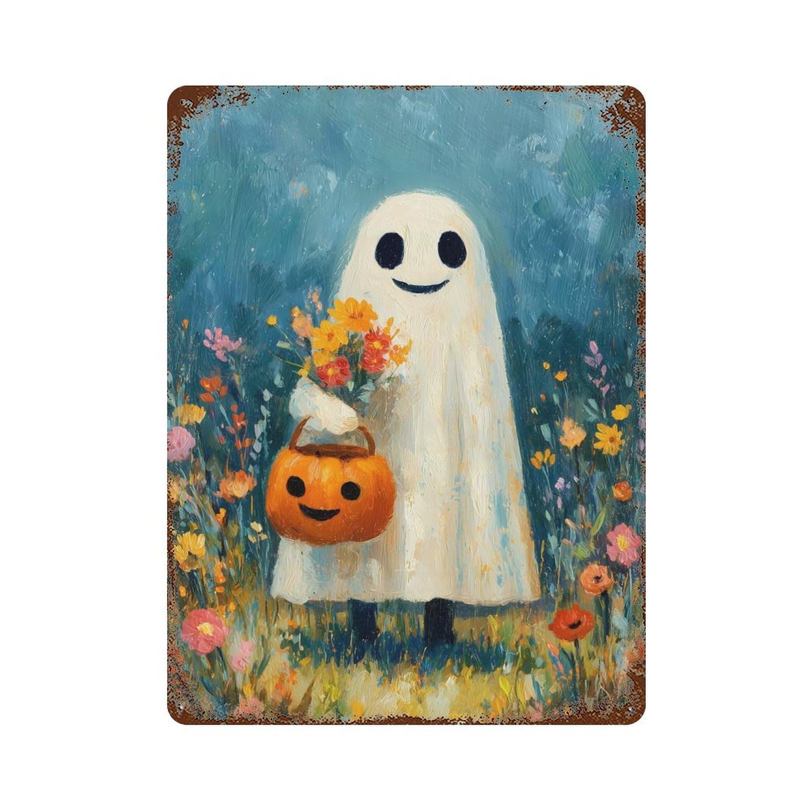 Halloween Ghost with Flowers And Pumpkin Decorative Tin Sign 15.7"x11.8", for Bistro, Counter And Cafe Decor, Classic Wall Plaque