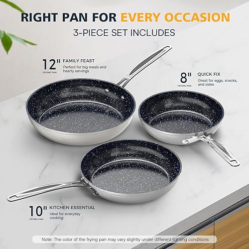 Miniatura 3 de Nuwave Juego de sartenes ligeras forjadas de 3 piezas de 8, 10 y 12 pulgadas, G10 Healthy Duralon Blue Ceramic Ultra Antiadherente, asas ergonómicas