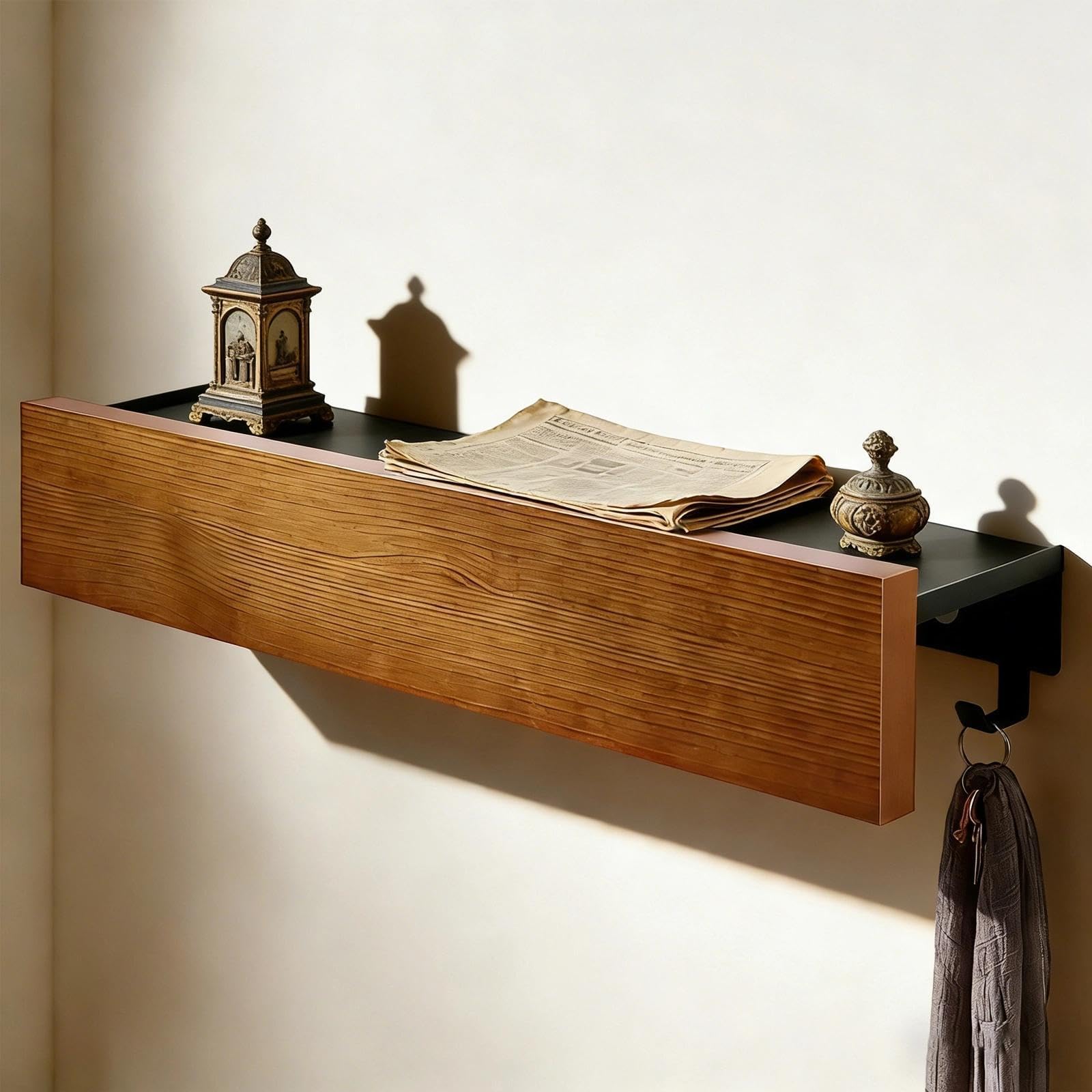 Porte Manteau Mural avec Etagere, 40 cm Porte Manteaux Muraux, Portemanteau Mural avec 8 Crochets, en Bois de Fer, pour Ranger Vêtements, Sacs et Ornements