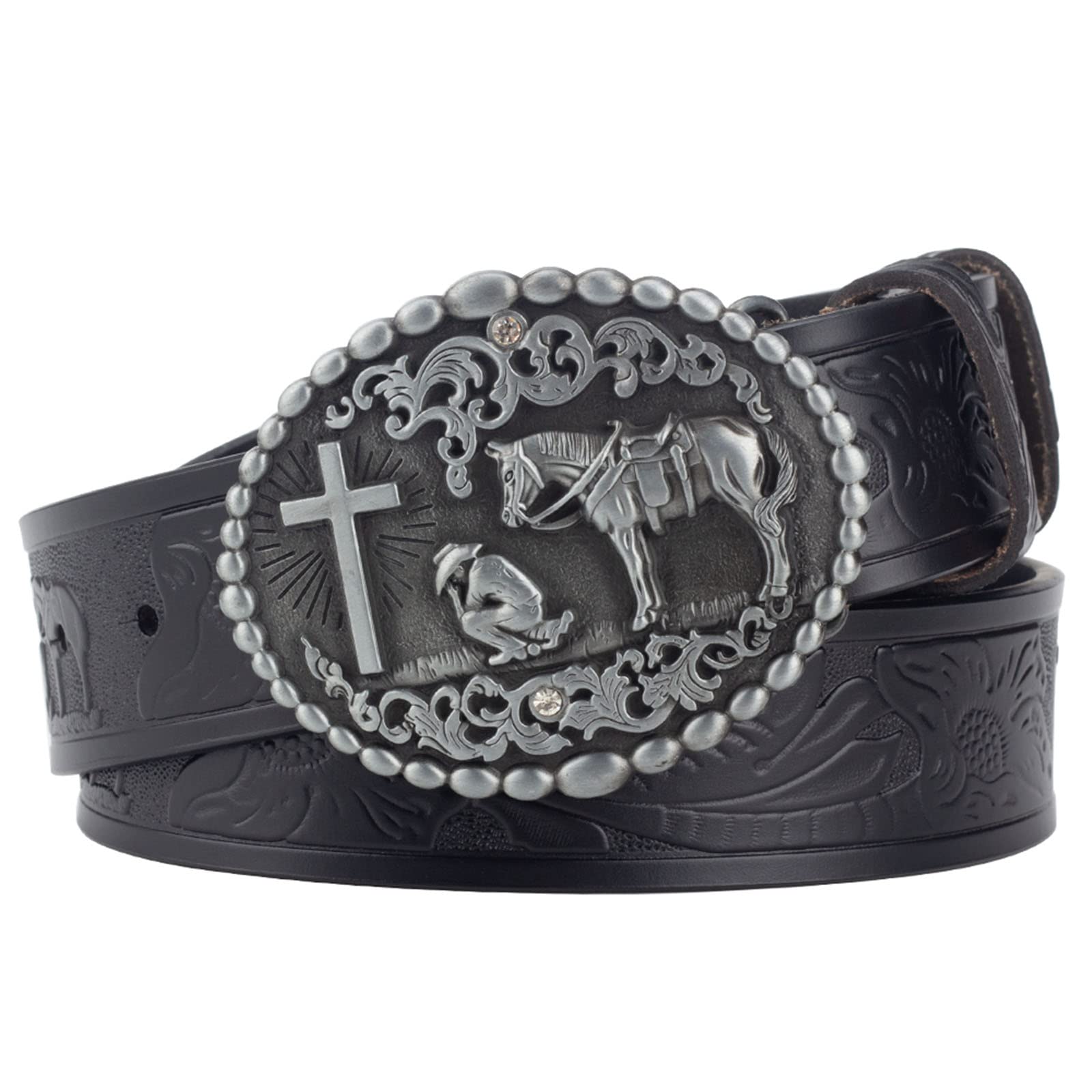Wrjahcg Unisex Black Men's Belt,Cross Belt Horse Buckle Embossed Leather Craft Belt Fashion Decorative Pants Belt,,95Cm/37.4''