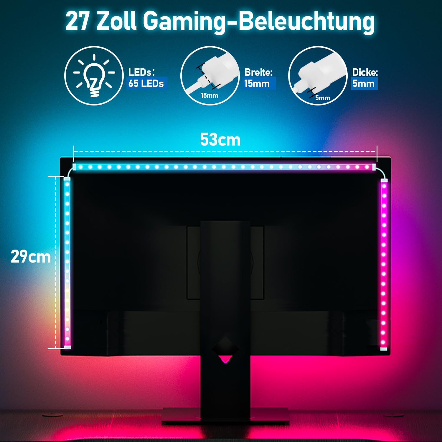 RGBIC Lot de 2 bandes LED néon rétroéclairées USB pour PC de 68 cm, avec contrôle d'application SKYDIMO, synchronisation pour musique, films, jeux, classe énergétique F