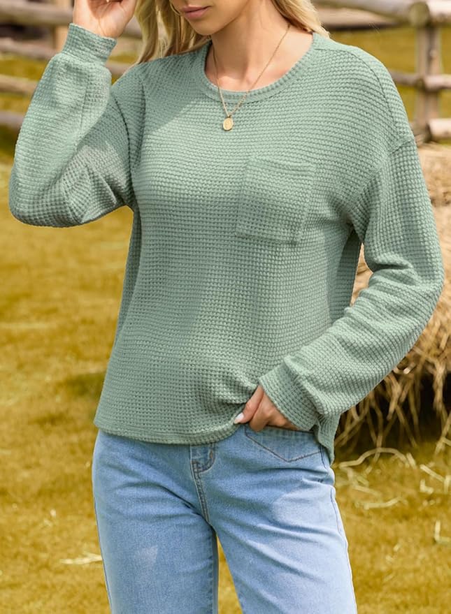 Dokotoo Waffle Knit Tops Long Sleeve Crewneck Shirts
