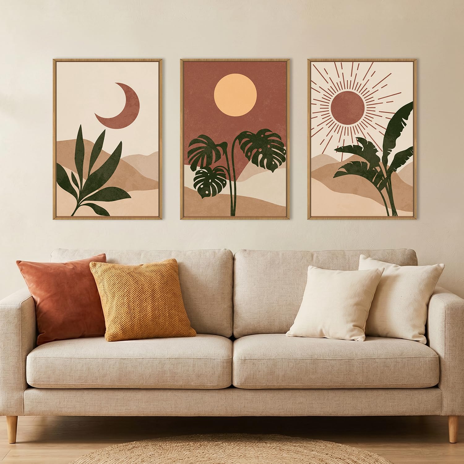 KAIRNE Vintage Sun and Moon Framed Canvas Wall Art Set,Boho Desert Botanical Wall Decor,Abstract Green Terracotta Art Prints,Retro Minimalist Artwork for Living Room,Bedroom,Farmhouse,Office-16"x24"x3