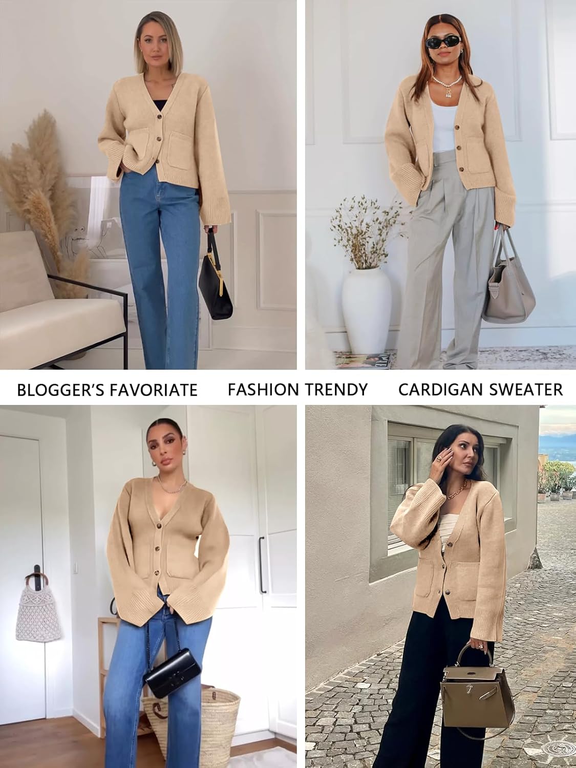 Saodimallsu Womens Deep V Neck Cardigan Sweaters Open Front Button Down Long Sleeve Cropped Knit Coats with Pockets