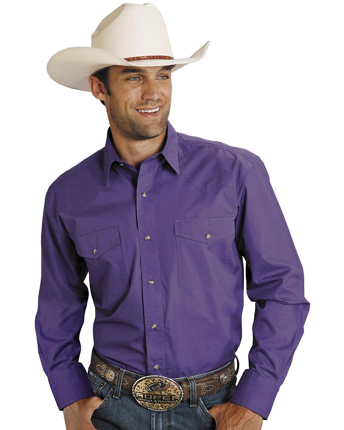 Mens Purple Solid Long Sleeve Western Snap Shirt
