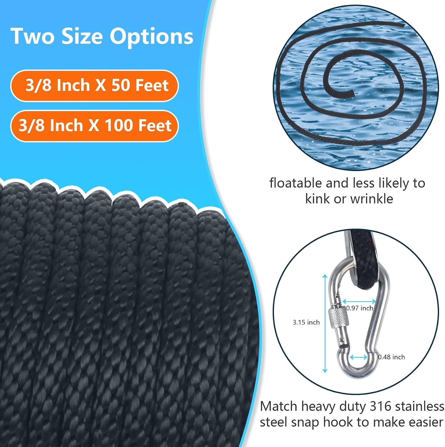 3/8 Inch 50 FT Anchor Rope, Boat Anchor Rope Solid Braid MFP, Anchor Line with 316 Stainless Steel Thimble and Snap Hook - Black