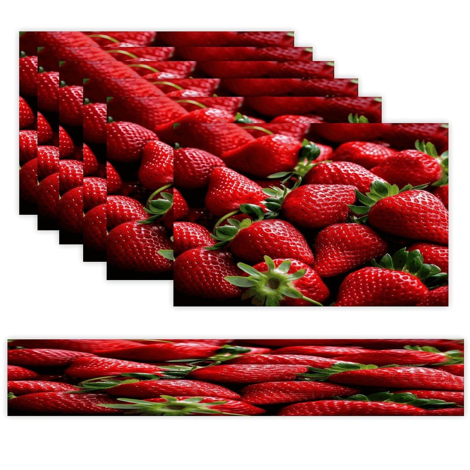 Fresh Strawberries Table Runner and Placemats Set of 6 Heat Resistant Table Runner Place Mats Modern Cloth Table Mat Washable Linen Placemat Festive Reusable Set