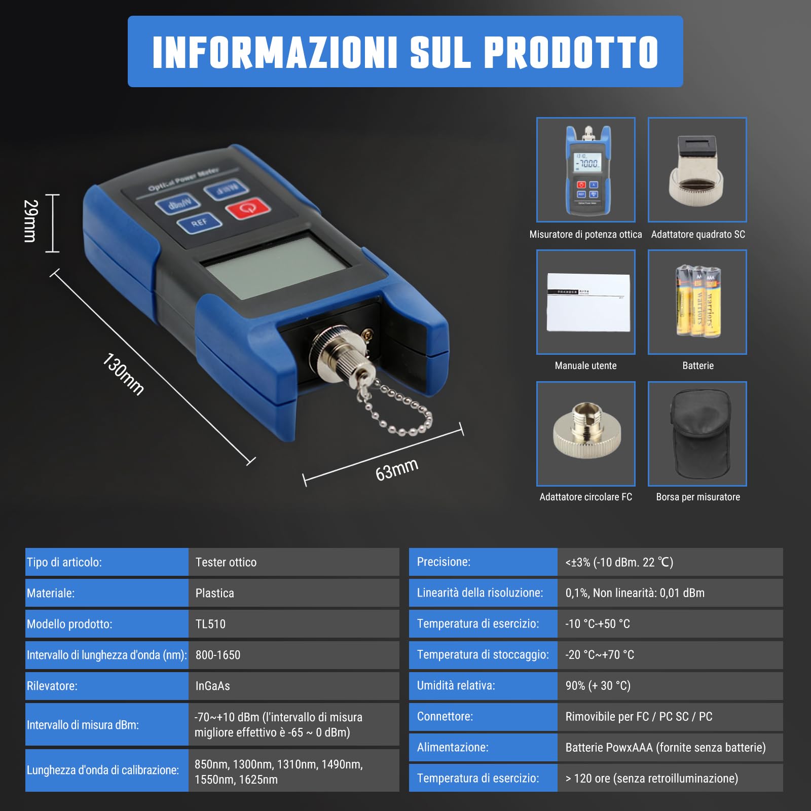 Tester elettrico TL510 misuratore di potenza ottica, rilevatore di potenza ottica con strumento di misura ad alta precisione -70~+10dBm