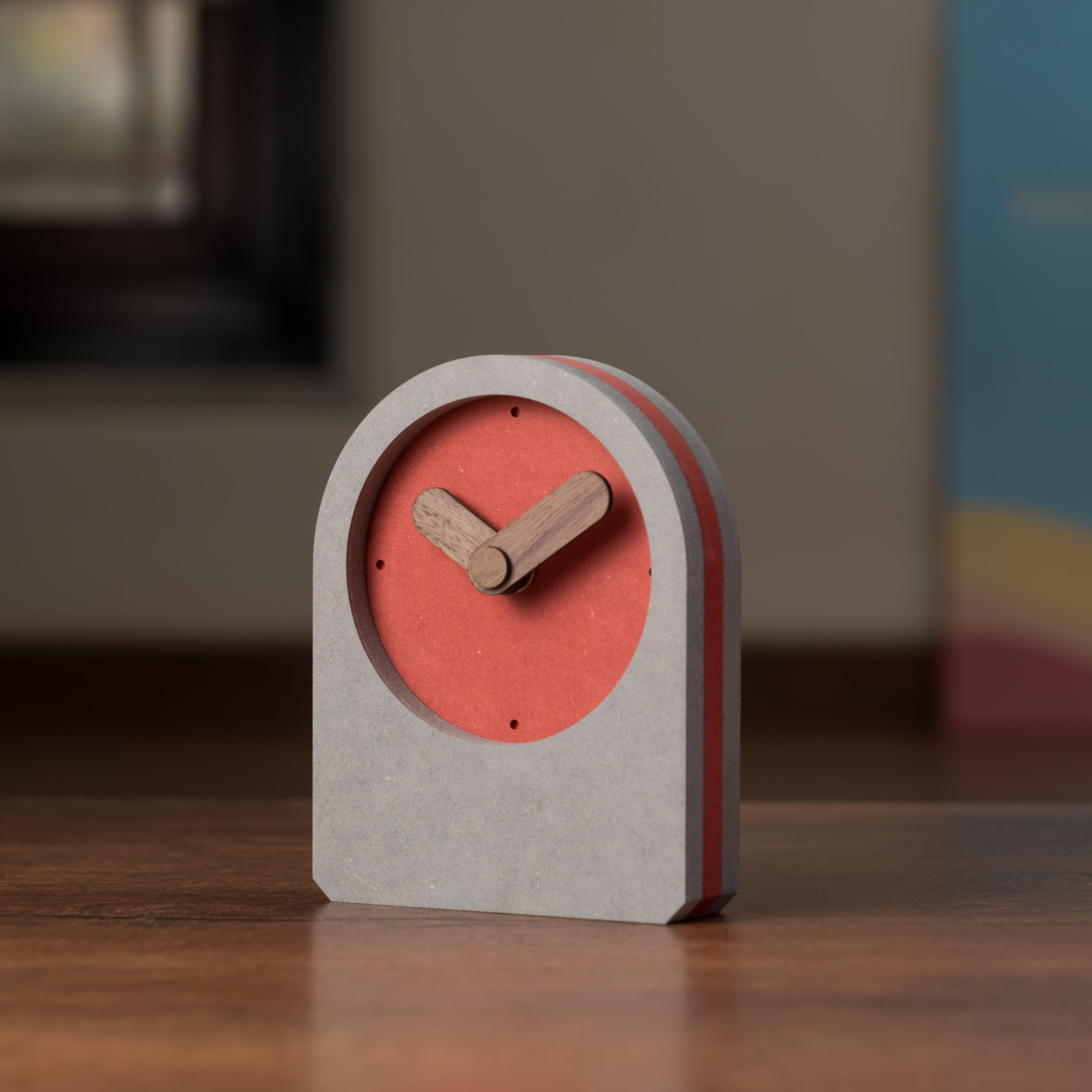 COMMA Haze | Desk & Analog Shelf Clock | Size (13cm X 10cm) (5.11inch X 3.93) | Wooden Finish Table Clock | Battery Operated | Composite Material - Red
