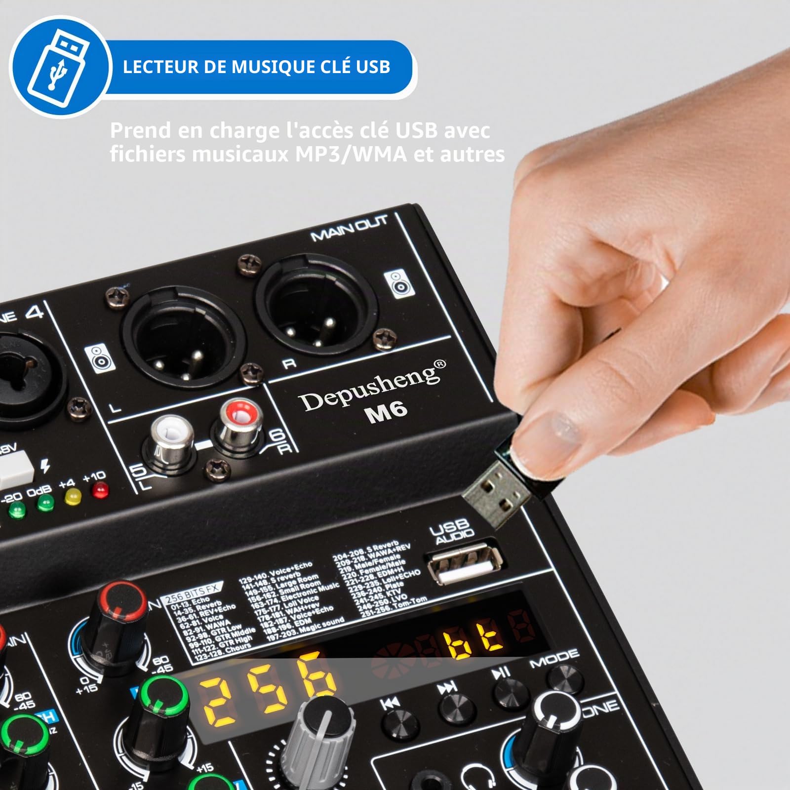 Depusheng M6 DJ Mixer portable MP3 Bluetooth 6 canaux Audio Table de mixage intégrée 256 effets numériques Interface USB pour l'enregistrement informatique en direct Streaming Podcasting Karaoké