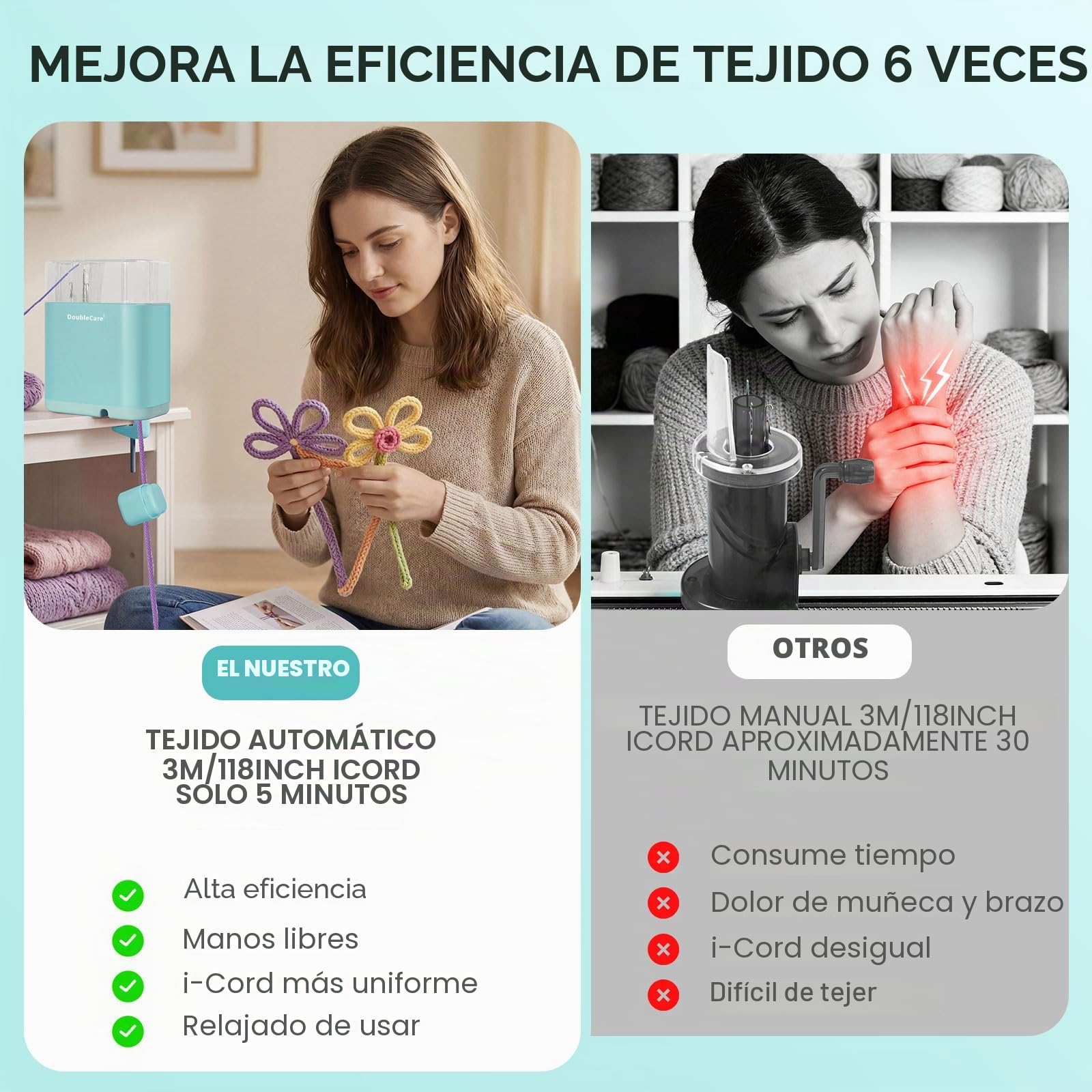 DoubleCare Tricotin Automatique, Machine de Tricotar Tejer, Eléctrico Máquina de Tejer con 2 Bobinas de Hilo y Alambre de Hierro de 2 m, DIY Máquina de Ganchillo para Proyectos Rápidos, Verde