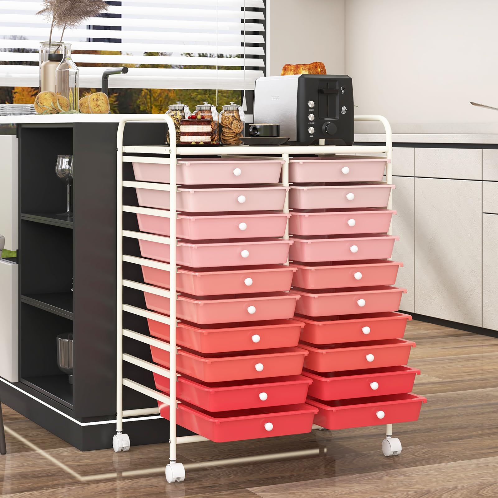 GIANTEX Carrello con 20 cassetti, impilabile, per cassetti, da cucina, bagno, ufficio, 64 x 39 x 88 cm (rosso + rosa)