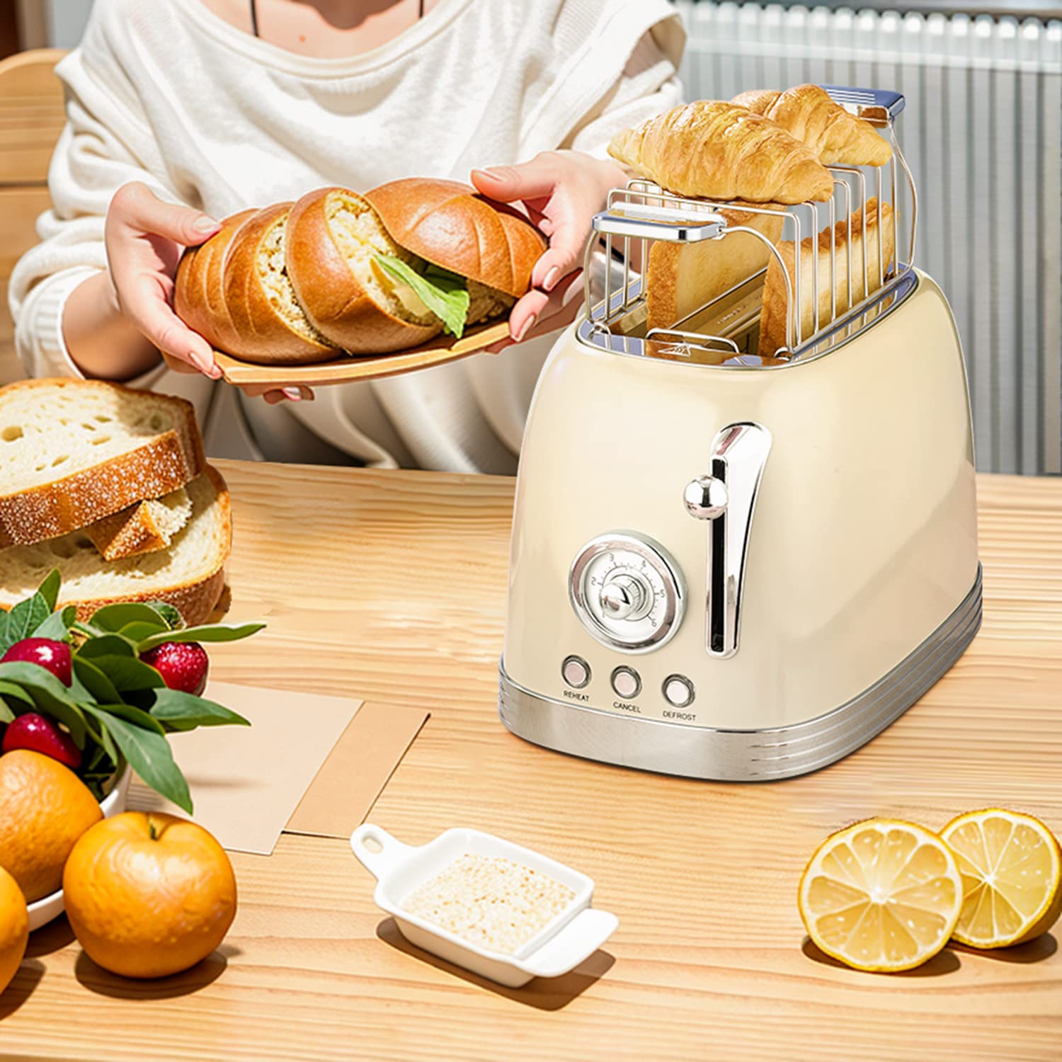 Wiltal Toaster 2 Scheiben, Retro, mit Brötchenaufsatz, mit Deckel aus Edelstahl, Vorheiz-, Auftau- und Abbruchfunktion, Countdown-Timer-Anzeige, Schnell-Toaster(Cremeweiß)