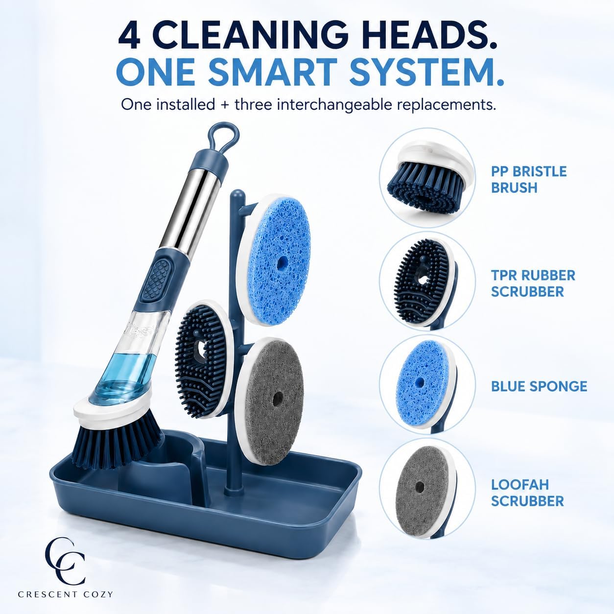 Soap Dispensing Dish Brush Set with Holder, Blue image 2