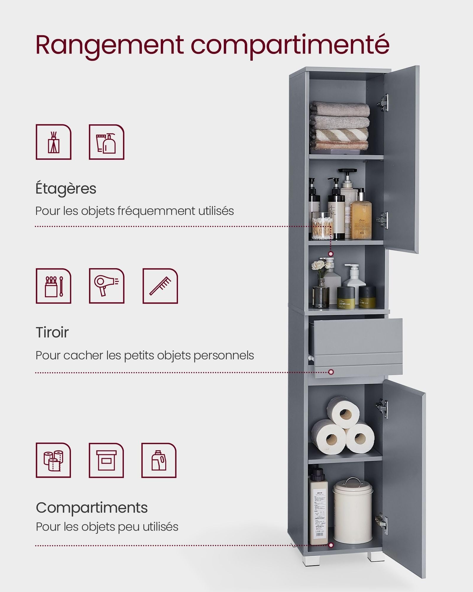 Helloshop26 - Armario para cuarto de baño, mueble de almacenamiento, columna, con cajón estantes ajustables, compartimentos 30 x 30 x 170 cm, color gris 12_0004019