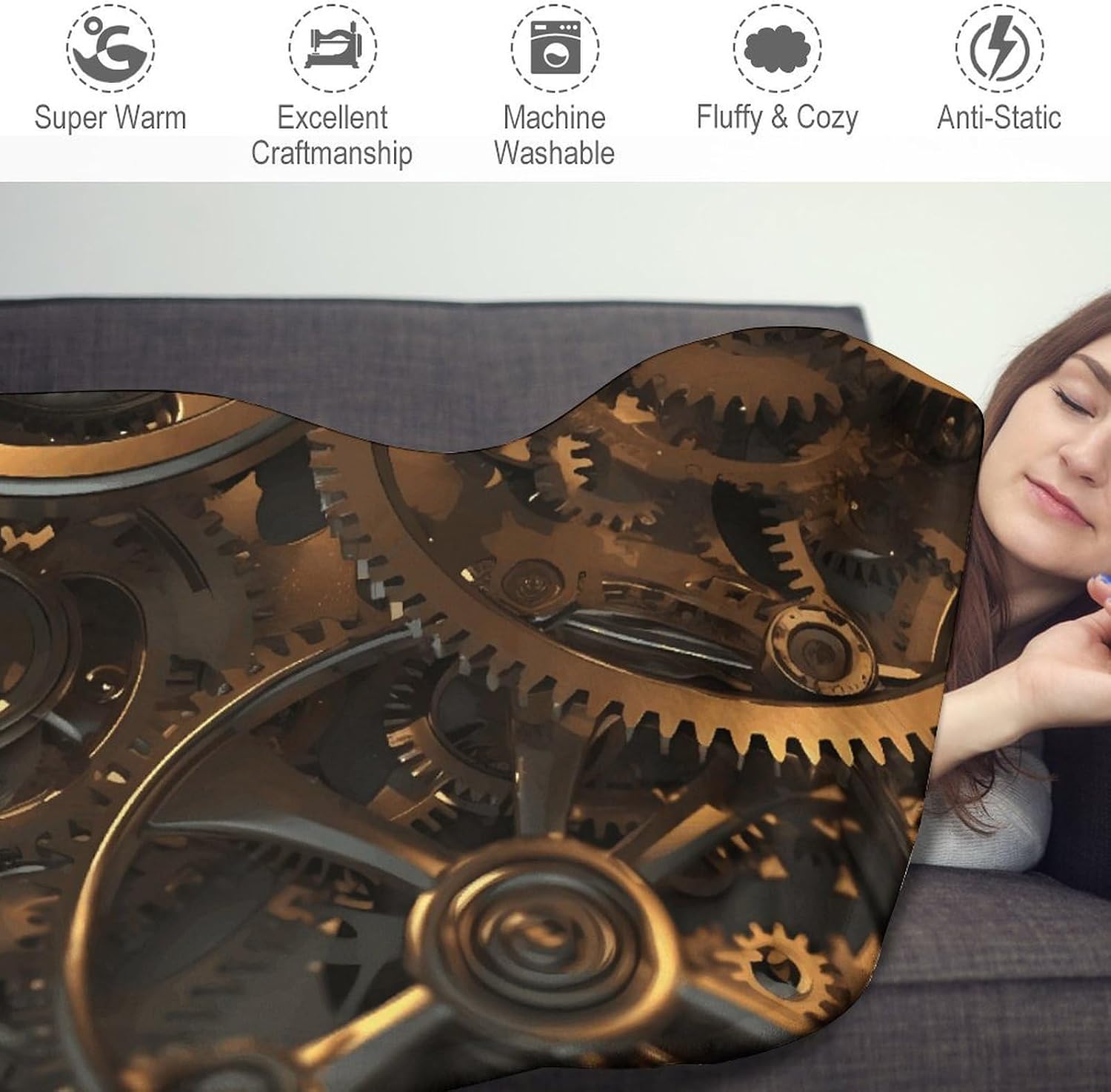 Cool Steampunk Gears Round Flannel Throw Blanket 59.1" Diameter Single-Sided Printed Fleece Blanket Multipurpose Foldable Decor Cover for Couch Sofa Office Camping image 3