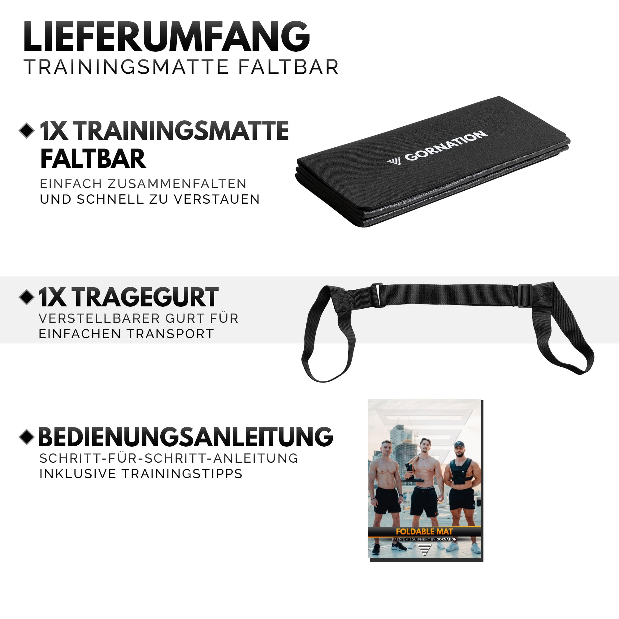 GORNATION Faltbare Yogamatte – Rutschfeste Fitnessmatte für Zuhause & Outdoor, Weiche Gymnastikmatte mit Tragegurt, Klappbare Trainingsmatte für Yoga, Pilates, Stretching & Home Gym, 180x65cm