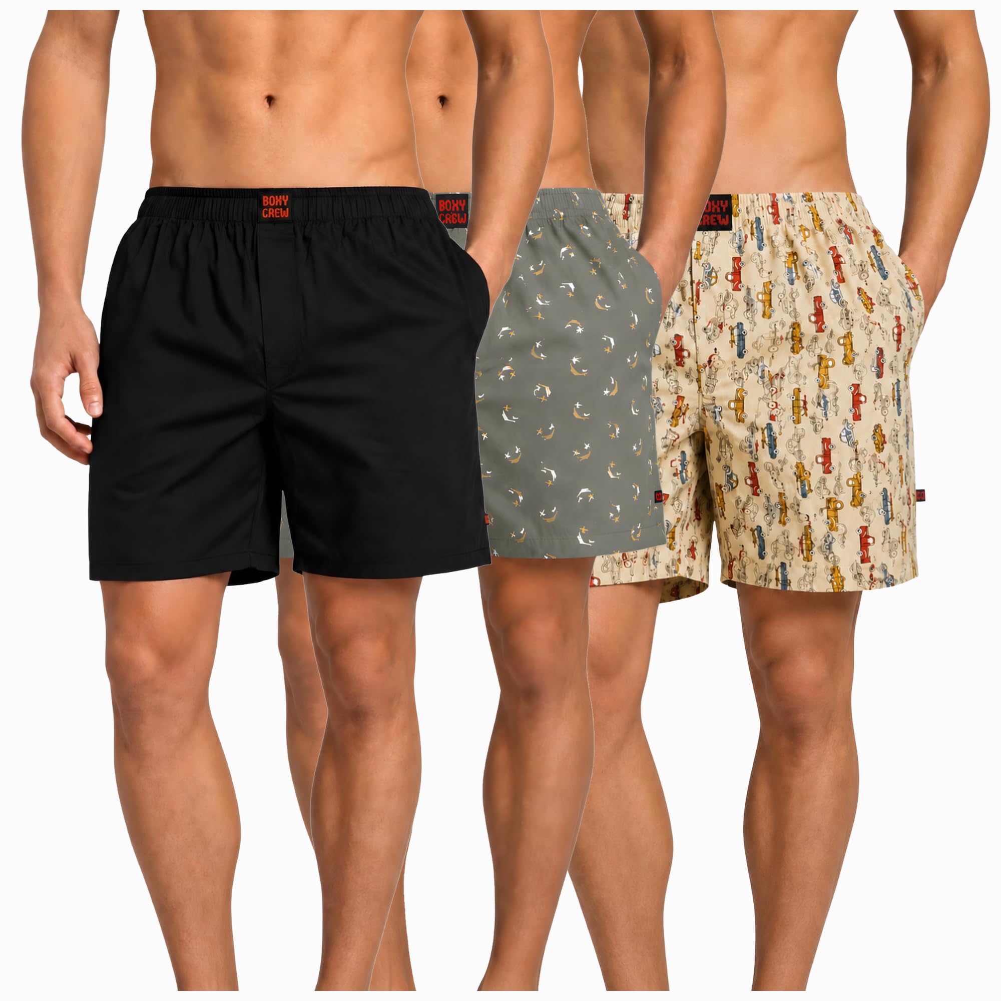 boxy crew Men's 100% Cotton Boxer Shorts Pack of 3, Black, Green & Beige | Woven Boxers with Side Pockets, No-Marks Elastic Waistband, Breathable Relaxed Fit | Style 001-008-013-picture-30