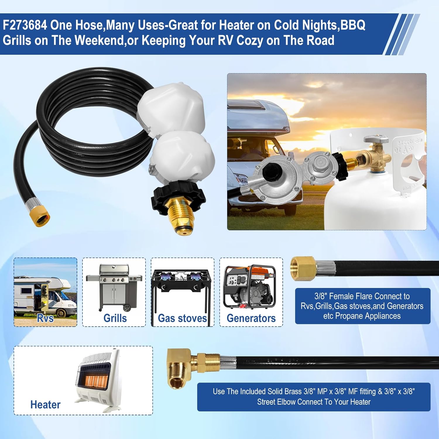 12FT F273684 Propane Hose with 2-Stage Regulator, POL Fitting & 3/8" Propane Adapter, F273684 Propane Hose Compatible with Vent-Free Heater, RV, Gill, Gas Stove, Generators, and More.