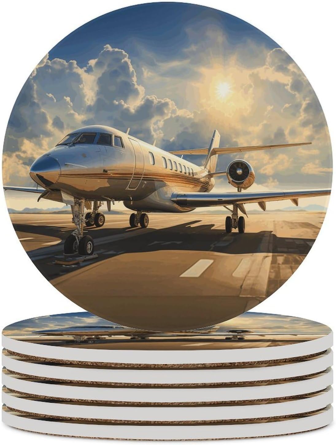 Private Plane Coasters for Drinks Absorbing Round Ceramic Stone Coaster with Cork Base Coffee Cup Beverage Table Cup Mat Modern Style Bar Coaster Set for Home Decor