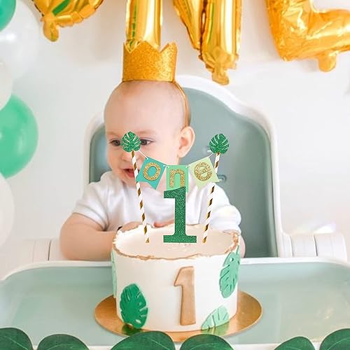 Miniatura 5 de Wild One Jungle Safari - Decoración para pastel de primer cumpleaños, purpurina dorada y verde, accesorios para tartas